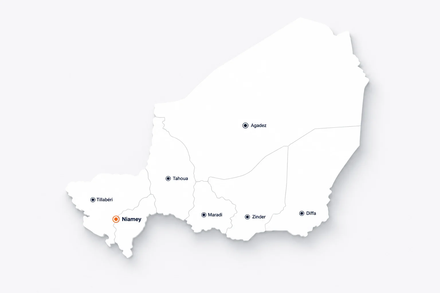 Carte du Niger avec ses 7 principales villes : Niamey (capitale), Tillabéri, Tahoua, Agadez, Maradi, Zinder, Diffa