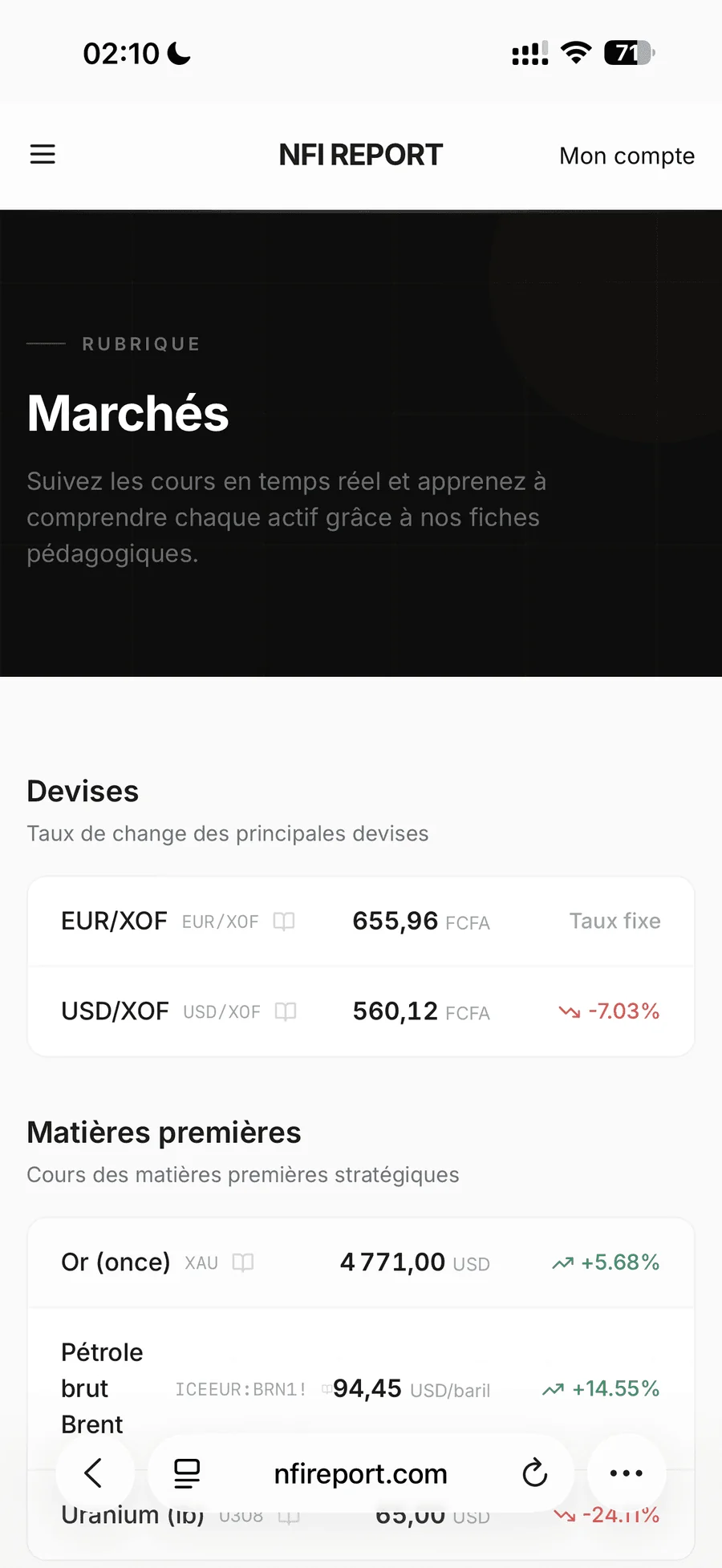 Page Marchés - cours BRVM, devises, matières premières